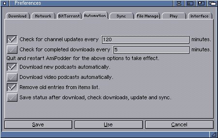 AmiPodder preferences window, automation tab