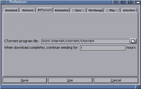 AmiPodder preferences window, bittorrent tab
