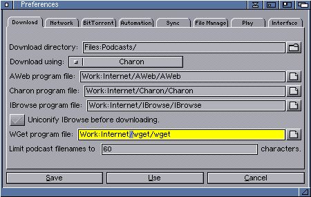 AmiPodder preferences window, download tab